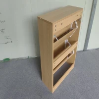 Slim Oak Hidden Shoe Cabinet with 2 Drop-Down Drawers, Mid-Century Freestanding Shoe Cabinet for Hallway, 60L x 24W x 80H cm, Oak(m-8)