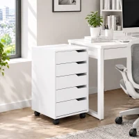 HOMCOM Caisson Bureau Mobile avec 5 Tiroirs, Meuble Rangement Bureau sur Roulettes pour Documents et Imprimante, Blanc(m-2)
