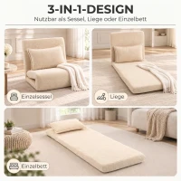 HOMCOM Składana sofa do spania 3 w 1 Przekształcany fotel do spania z poduszką, 5-stopniowe regulowane podparcie pleców, wykończenie Sherpa(m-4)