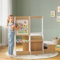 AIYAPLAY Mesa Infantil con Silla 5 en 1 con Pizarra Negra/Blanca y Rollo de Papel Almacenaje 4 Vasos de Pintura 3-8 Años Blanco(m-8)
