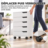 HOMCOM Caisson Bureau Mobile avec 5 Tiroirs, Meuble Rangement Bureau sur Roulettes pour Documents et Imprimante, Blanc(m-6)
