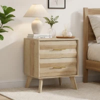 Minimalist Oak Double Drawer Bedside Table with Metal Handles, Modern Bedside Storage Cabinet for Bedroom, 50L x 40W x 58H cm, Oak(m-5)