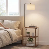 HOMCOM Dimmable Floor Lamp with Shelves, Charging Station, 3-Tier Storage Table, Adjustable Fabric Lampshade, Rustic Brown(m-9)