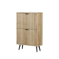 Slimline Oak Freestanding Shoe Cabinet with 2 Tilt-Out Compartments, Mid-Century Shoe Organizer for Hallway Porch, 60L x 24W x 95H cm, Oak(m-12)