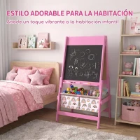 AIYAPLAY Pizarra Infantil 3 en 1 Doble Cara con Pizarra Blanca y Negra Caballete de Madera con Rollo de Papel 2 Cestas Rosa(m-7)