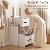 HOMCOM Vanity Desk Flip Top Hidden Mirror Vanity Rolling Stool Open Shelf White Wood Effect(m-6)