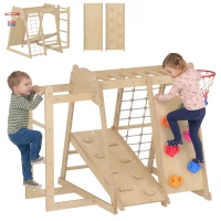 AIYAPLAY 7-w-1 Montessori zestaw wspinaczkowy do domu, drewniany plac zabaw z zjeżdżalnią, ścianką wspinaczkową, drążkami i koszem do koszykówki, drabinką(m-12)