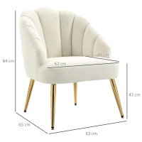 HOMCOM Fauteuil Salo, Fauteuil Coquillage Rembourré en Velours avec Pieds Dorés en Acier, 63 x 65 x 84 cm, Crème(m-3)
