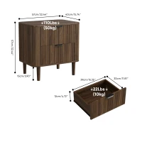 Modern Walnut-Effect Bedside Cabinet with 2 Drawers and Fluted Fronts, Retro Storage for Bedrooms and Offices, 57L x 40W x 57H cm, Walnut(m-3)