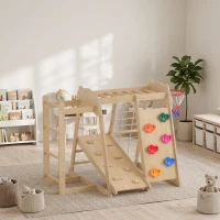 AIYAPLAY 7-w-1 Montessori zestaw wspinaczkowy do domu, drewniany plac zabaw z zjeżdżalnią, ścianką wspinaczkową, drążkami i koszem do koszykówki, drabinką(m-8)