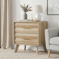 Minimalist Oak Double Drawer Bedside Table with Metal Handles, Modern Bedside Storage Cabinet for Bedroom, 50L x 40W x 58H cm, Oak(m-4)