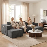 HOMCOM Sofá Modular en U de 3 Plazas con 2 Otomanas Bolsillos Sofá de Chenilla con Asiento Ancho No Requiere Montaje Gris(m-9)