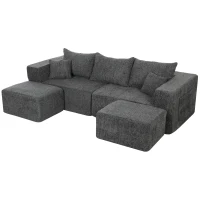 HOMCOM Sofá Modular en U de 3 Plazas con 2 Otomanas Bolsillos Sofá de Chenilla con Asiento Ancho No Requiere Montaje Gris(m-1)
