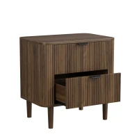 Modern Walnut-Effect Bedside Cabinet with 2 Drawers and Fluted Fronts, Retro Storage for Bedrooms and Offices, 57L x 40W x 57H cm, Walnut(m-10)