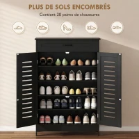 HOMCOM Meuble à chaussures 20 paires, armoire à chaussures avec 2 portes persiennes, tiroir et étagères réglables, noir(m-4)