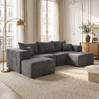 HOMCOM Sofá Modular en U de 3 Plazas con 2 Otomanas Bolsillos Sofá de Chenilla con Asiento Ancho No Requiere Montaje Gris(m-2)