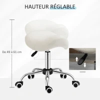 HOMCOM Tabouret à roulettes, tabouret de massage avec hauteur réglable 49-61 cm et selle ergonomique, chaise de travail à roulettes pivotant 360°, pour salon de massage tatouage clinique spa, blanc(m-4)
