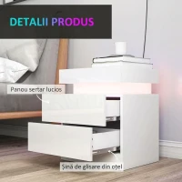 HOMCOM Noptieră albă cu lumină LED, finisaj frontal lucios, 2 sertare, pentru living și dormitor(m-7)