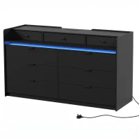 HOMCOM Chest of Drawers for Bedroom with LED Light & Charging Station, 9 Drawers Storage Unit/TV Stand, Black(m-1)