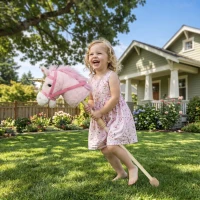 AIYAPLAY Hobby Horse with Wood Wheels, Stick Horse with Grip Handle, Sound, Plush Hobby Horse Toy for Imaginative Play, Pink(m-2)