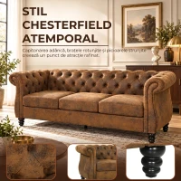HOMCOM Canapea Chesterfield 3 Locuri din Material Respirabil cu Aspect de Piele, Șezut Lat, Umplutură Groasă, Maro Cafea(m-4)