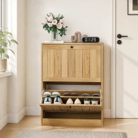 Slim Oak Hidden Shoe Cabinet with 2 Drop-Down Drawers, Mid-Century Freestanding Shoe Cabinet for Hallway, 60L x 24W x 80H cm, Oak(m-1)