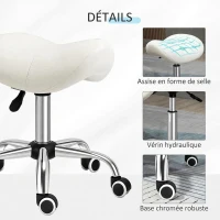 HOMCOM Tabouret à roulettes, tabouret de massage avec hauteur réglable 49-61 cm et selle ergonomique, chaise de travail à roulettes pivotant 360°, pour salon de massage tatouage clinique spa, blanc(m-6)