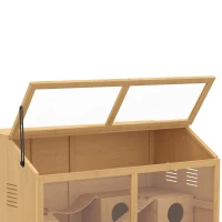 PawHut Hamsterkooi van hout 100 x 52 x 50 cm, grote knaagdierkooi met opbergruimte, klapdak, acrylraam, ventilatie en platform(m-11)