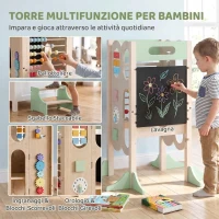 AIYAPLAY Torre Montessoriana 6 in 1 per Bambini, Sgabello Aiutante da Cucina con Lavagna, 2-6 Anni, Verde(m-4)