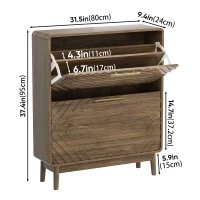 Warm Walnut Shoe Storage Cabinet with 2 Flip-Top Drawers, Mid-Century Freestanding Shoe Cabinet for Entry Hallway, 80L x 24W x 95H cm, Walnut(m-3)