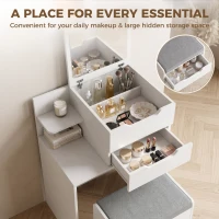 HOMCOM Vanity Desk Flip Top Hidden Mirror Vanity Rolling Stool Open Shelf White Wood Effect(m-5)