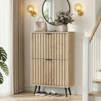 Slimline Oak Freestanding Shoe Cabinet with 2 Tilt-Out Compartments, Mid-Century Shoe Organizer for Hallway Porch, 60L x 24W x 95H cm, Oak(m-4)
