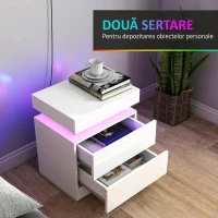 HOMCOM Noptieră albă cu lumină LED, finisaj frontal lucios, 2 sertare, pentru living și dormitor(m-6)