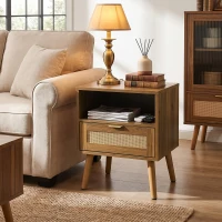 Boho Rattan Nightstand with Rattan Drawer, Open Shelf and Gold Handles, Mid-Century Bedside Table for Bedroom, 45L x 40W x 55H cm, Walnut(m-7)
