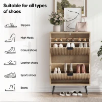 Slimline Oak Freestanding Shoe Cabinet with 2 Tilt-Out Compartments, Mid-Century Shoe Organizer for Hallway Porch, 60L x 24W x 95H cm, Oak(m-7)