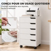 HOMCOM Caisson Bureau Mobile avec 5 Tiroirs, Meuble Rangement Bureau sur Roulettes pour Documents et Imprimante, Blanc(m-7)