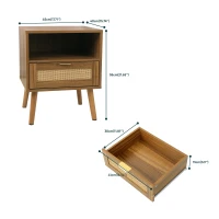 Boho Rattan Nightstand with Rattan Drawer, Open Shelf and Gold Handles, Mid-Century Bedside Table for Bedroom, 45L x 40W x 55H cm, Walnut(m-3)
