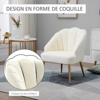 HOMCOM Fauteuil Salo, Fauteuil Coquillage Rembourré en Velours avec Pieds Dorés en Acier, 63 x 65 x 84 cm, Crème(m-5)