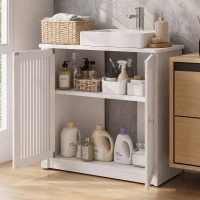 Minimalist Washbasin Cabinet with Louvered Double Doors, Sturdy Floor-Standing Storage Cabinet for Bathroom Utility, 60L x 30W x 60H cm, White(m-7)