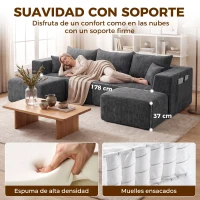 HOMCOM Sofá Modular en U de 3 Plazas con 2 Otomanas Bolsillos Sofá de Chenilla con Asiento Ancho No Requiere Montaje Gris(m-5)