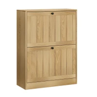 Slim Oak Hidden Shoe Cabinet with 2 Drop-Down Drawers, Mid-Century Freestanding Shoe Cabinet for Hallway, 60L x 24W x 80H cm, Oak(m-2)