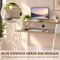 HOMCOM Bureau d'Ordinateur, 90 x 50 cm, Bureau avec Rangement, Étagère Ouverte et Cadre en Acier, Chêne et Blanc(m-4)