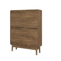 Mid-Century Walnut Shoe Storage Cabinet with 2 Flip Drawers, Freestanding Shoe Cabinet for Entry Hallway, 60L x 24W x 95H cm, Walnut(m-2)