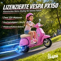 AIYAPLAY Elektryczny motocykl dziecięcy Vespa PX150 12V z akumulatorem litowym 35W 2 silniki ograniczenie skrętu 25° dla 3-6 lat(m-4)