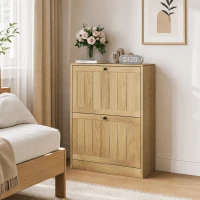 Slim Oak Hidden Shoe Cabinet with 2 Drop-Down Drawers, Mid-Century Freestanding Shoe Cabinet for Hallway, 60L x 24W x 80H cm, Oak(m-4)