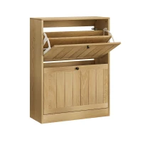 Slim Oak Hidden Shoe Cabinet with 2 Drop-Down Drawers, Mid-Century Freestanding Shoe Cabinet for Hallway, 60L x 24W x 80H cm, Oak(m-13)
