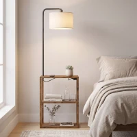 HOMCOM Dimmable Floor Lamp with Shelves, Charging Station, 3-Tier Storage Table, Adjustable Fabric Lampshade, Rustic Brown(m-8)
