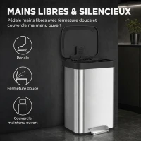 HOMCOM Poubelle de Cuisine 50 L en Acier Inoxydable, Pédale, Couvercle à Fermeture Douce, Compartiment Désodorisant, Argenté(m-6)