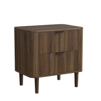 Modern Walnut-Effect Bedside Cabinet with 2 Drawers and Fluted Fronts, Retro Storage for Bedrooms and Offices, 57L x 40W x 57H cm, Walnut(m-2)