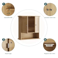 Wall-Mounted Vanity with Double Doors and Adjustable Shelf, Waterproof Wall Cabinet for Bathroom and Kitchen, 55L x 20W x 60H cm, Oak(m-7)